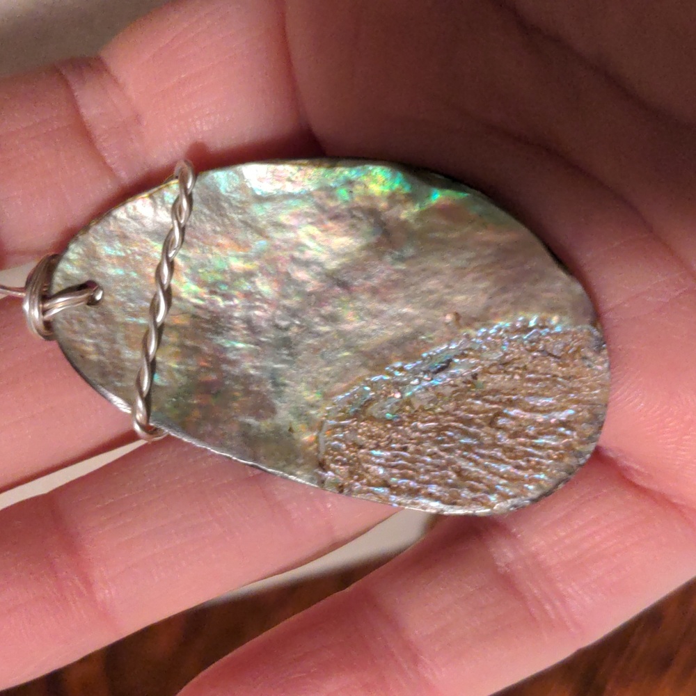 Handmade Teardrop Silver Wire Wrapped Abalone Pendant Black Suede Cord - Picture 4 of 7